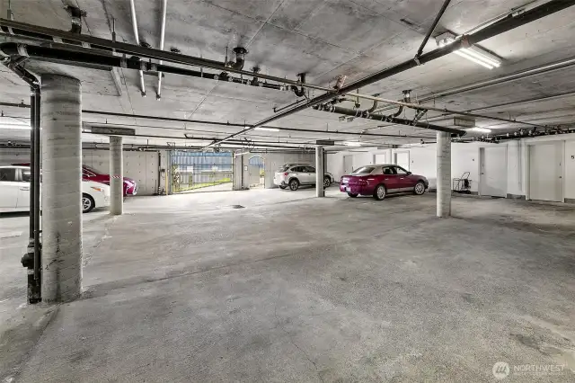Your one covered and secure parking space in the garage.  With storage room in front of your space.