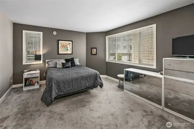 Primary bedroom, offers a walk-in closet, large bathroom and plenty of cabinets for storage.