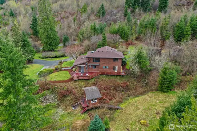 Aerial view from south. Outbuilding was used as a changing room for a previous hot tub.  What could you do with it?