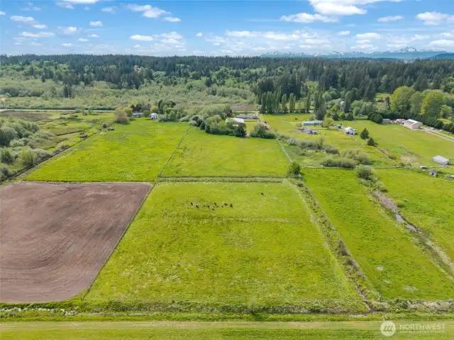 Property begins to the right of the dirt field and to the first fence on the right, then forward past the trees in the center all the way to the road.