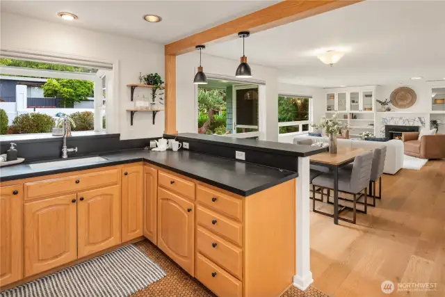 Undermount sink and Paperstone counters with high breakfast bar.
