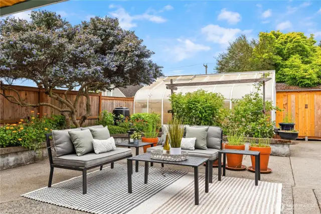 Just up the stairs off the laundry room is this expansive patio with raised beds and a greenhouse.