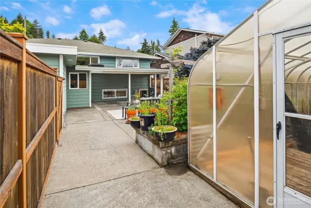 The raised concrete beds provide a lush landscape that softens the patio area.