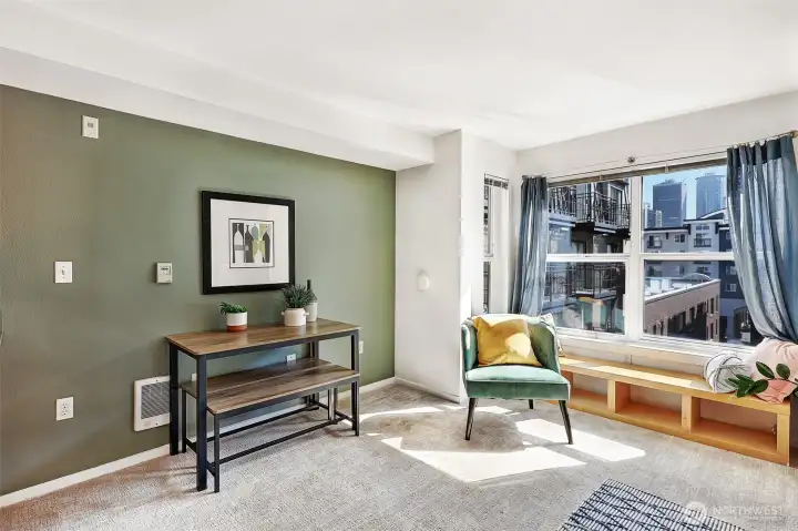 This tidy table easily pulls away from the wall to seat four! It cozies away two benches underneath, one for each side of the table! Each bench seats two.