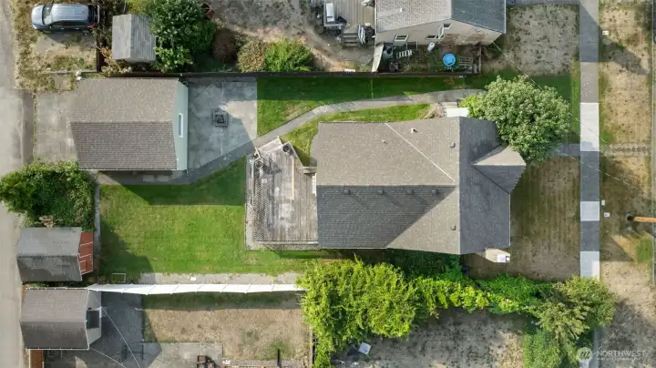 Bird’s-Eye View Displaying Lot Features including 2 Car Garage w/ Alley Access and Storage Shed