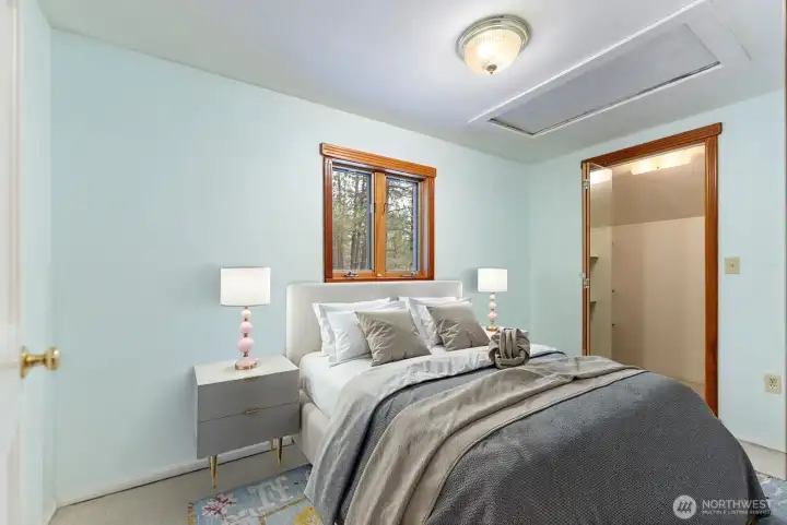 2nd Bedroom on Upper level of home is carpeted with smallish closet. Great guest bedroom or child's room. Also may be a remote home office if you like. WiFi available. Owner has had Starlink and Century link service here.