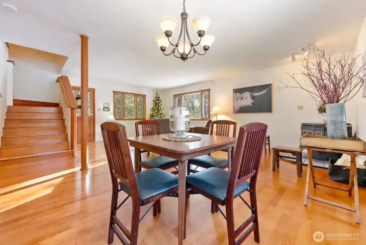 Main level of home has hardwood floors. Great room encompasses Dining area and Living room. Pellet stove warms you at the end of day after a fun ski.