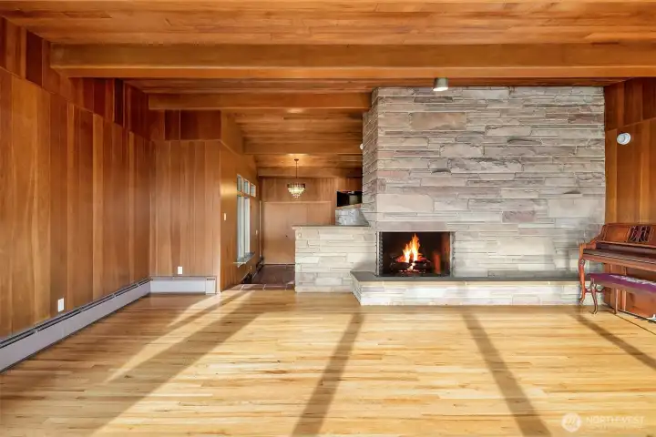 Natural stone fireplace.