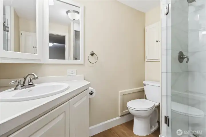 Primary bathroom with remodeled shower