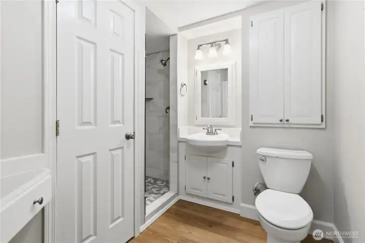 Basement bathroom with remodeled shower