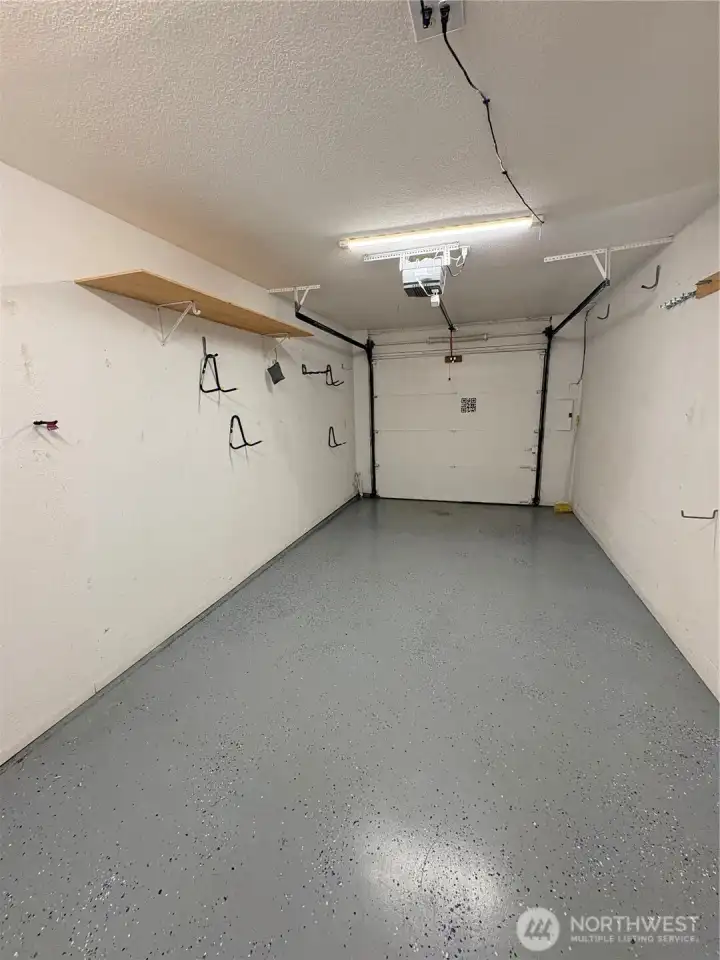 Single-car garage with epoxy floor