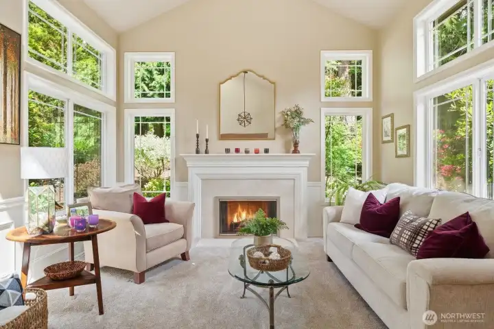 The formal living room is a sophisticated gathering space showcasing vaulted ceilings, extensive millwork, crown molding, and a marble-surround gas fireplace.