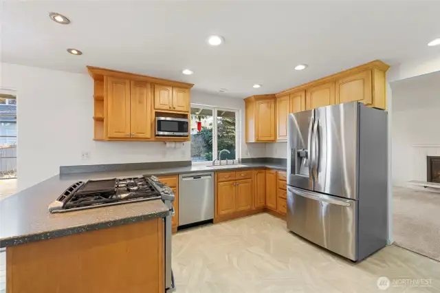 Large kitchen boasts ample counter space.