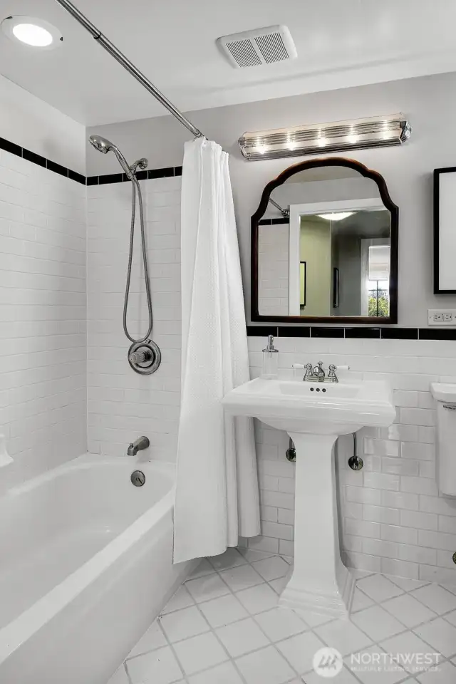 Lower level full bath with Art Deco flair.