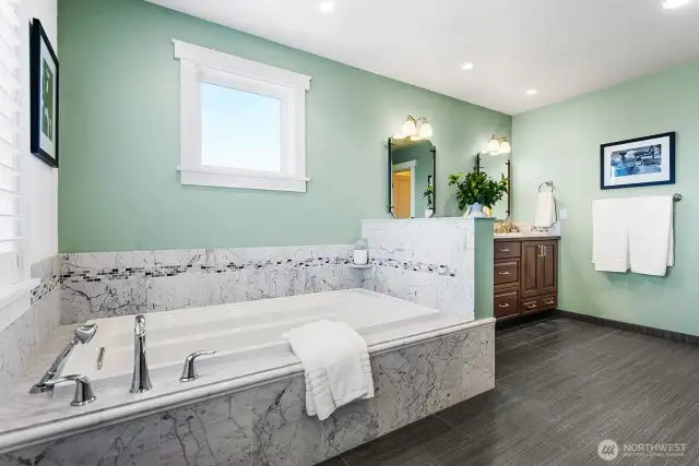 The bathtub is extra long and great for a soak