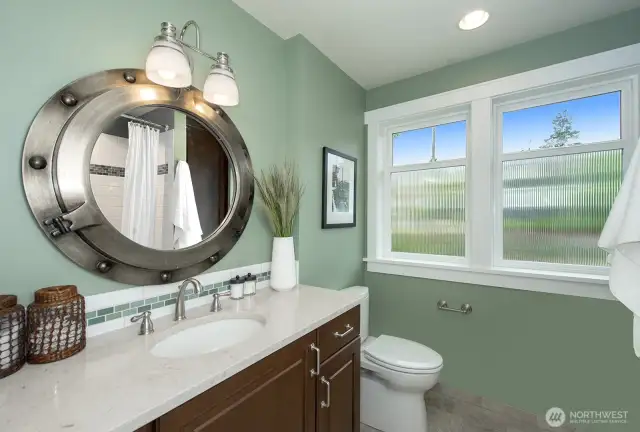 Top floor full bath with tub, shower and linen closet