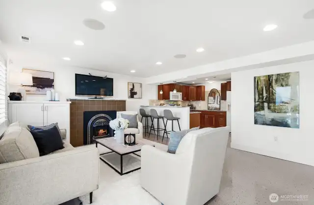 Gas fireplace and built in shelving in the rumpus room