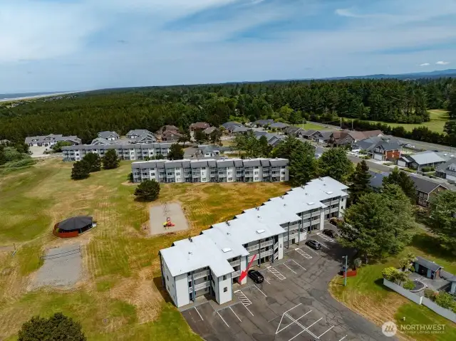 Aerial view of Bldg B, to right is pool/hot tub