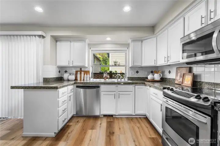 Granite countertops and stainless steel appliances