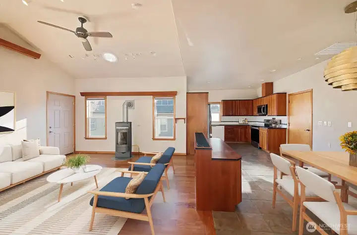 Virtually staged to see how furnishings could work here...there is also a propane stove to keep things cozy in cool weather.