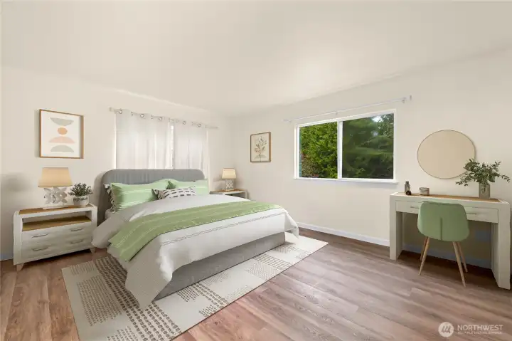 Virtually staged primary bedroom.