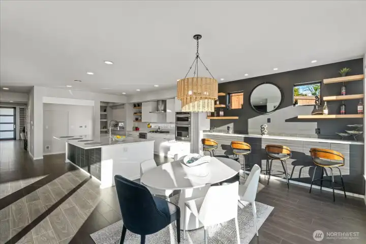 Dining room, kitchen, and wet bar