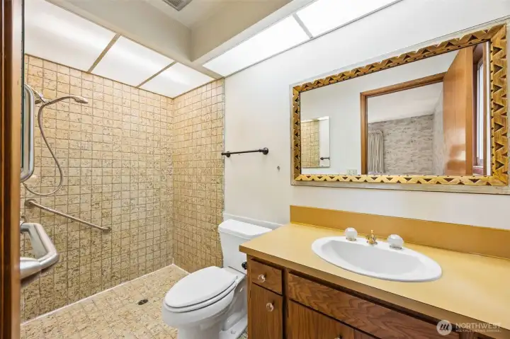 Primary en suite bathroom has a zero threshold shower.