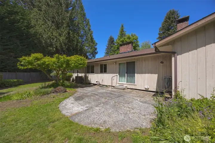 Back yard large patio space. Slider shown leads into second living space off and the kitchen.