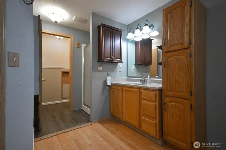 Primary bathroom with double sinks lots of cabinets shower, and potty room. Primary bathroom with double sinks lots of cabinets shower, and potty room.