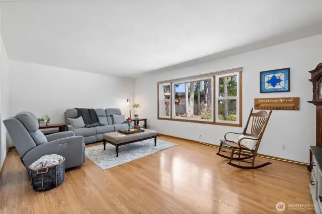 A spacious living room with big windows looking over the backyard