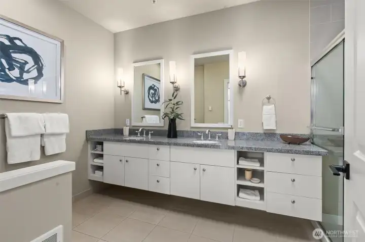 Dual vanity spa-esque upper floor 3/4 bathroom.