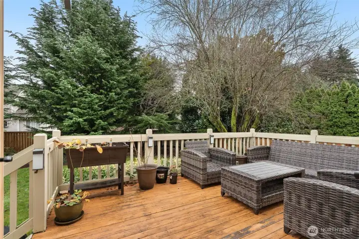 Rear deck just off of living room. All deck furniture is yours. Plants too if you'd like!