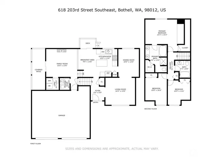 A clear two level floorplan shows how the home lives, with vaulted living and a dedicated dining room on the main, plus an island kitchen and nook that open to the deck. The lower level family room connects directly to the covered patio, while all three bedrooms are upstairs, including the primary suite with walk in closet and a five piece bath.