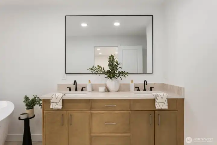 Natural cabinet with double sinks perfect for everyday use