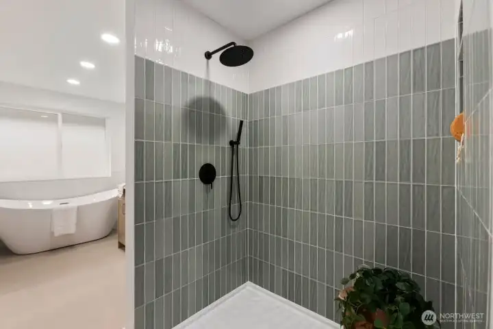 Large standing shower custom tile and finishes