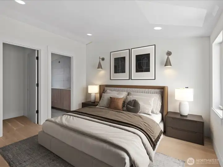 Wonderful Primary with walk in closet and in suite bath with shower and dual vanity sinks. Virtual staging and virtual light fixtures. Fixtures will differ