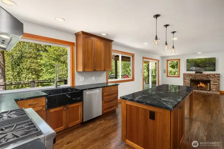 Gorgeous, updated kitchen with Walnut cabinets and Soapstone countertops