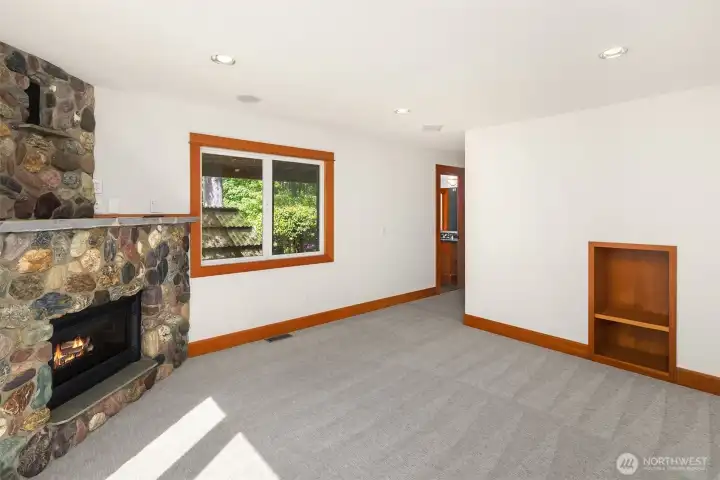 Shelving to hold your stereo equipment to hook to the built-in surround sound system.