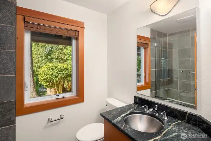The full bath on the lower level is easy access from out-side.
