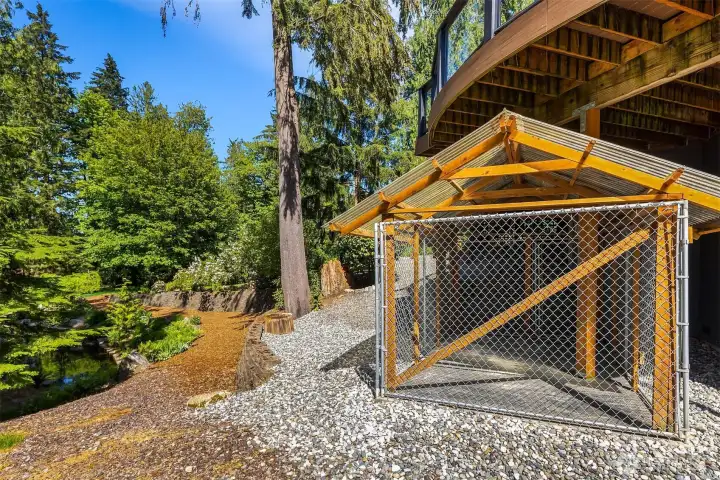 The covered concreste floor dog kennel under the deck.