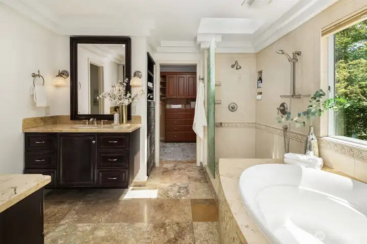 This bathroom makes you feel like you are staying in a luxury hotel. Beautiful finishes and thoughtful details.