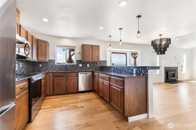 View from Kitchen into Dining and Family Room