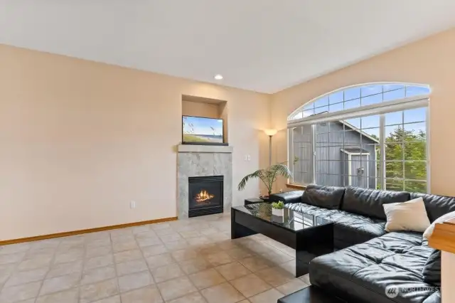 view from the top of the stairs into the Living room