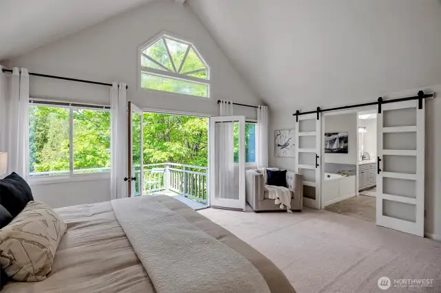 Delightful large primary suite with outdoor deck. Notice the high ceilings