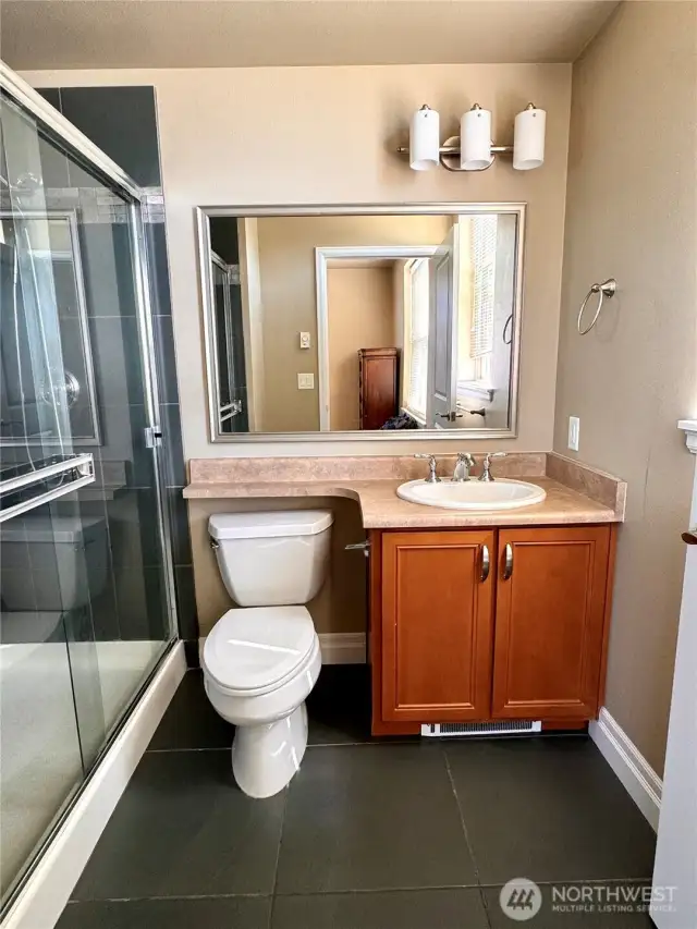 Primary bath with step-in shower and slate tile