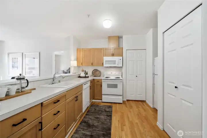 A large kithcen with plenty of cabinet space and a large pantry.