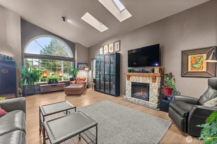 Electric fireplace unit coveys with the home!