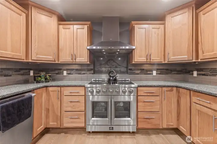 New stove/range, custom glass wall art, chef grade hood. Gas hookup is already there!