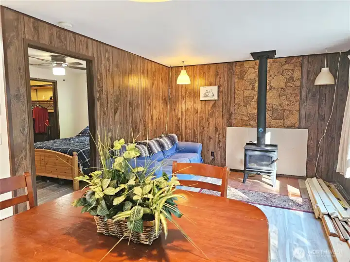 Come around the corner through the living room and into the bedroom.