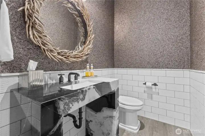 Guest Powder Room –w/customized Marble Orca slab-Italian tile & premium grade wall coverings